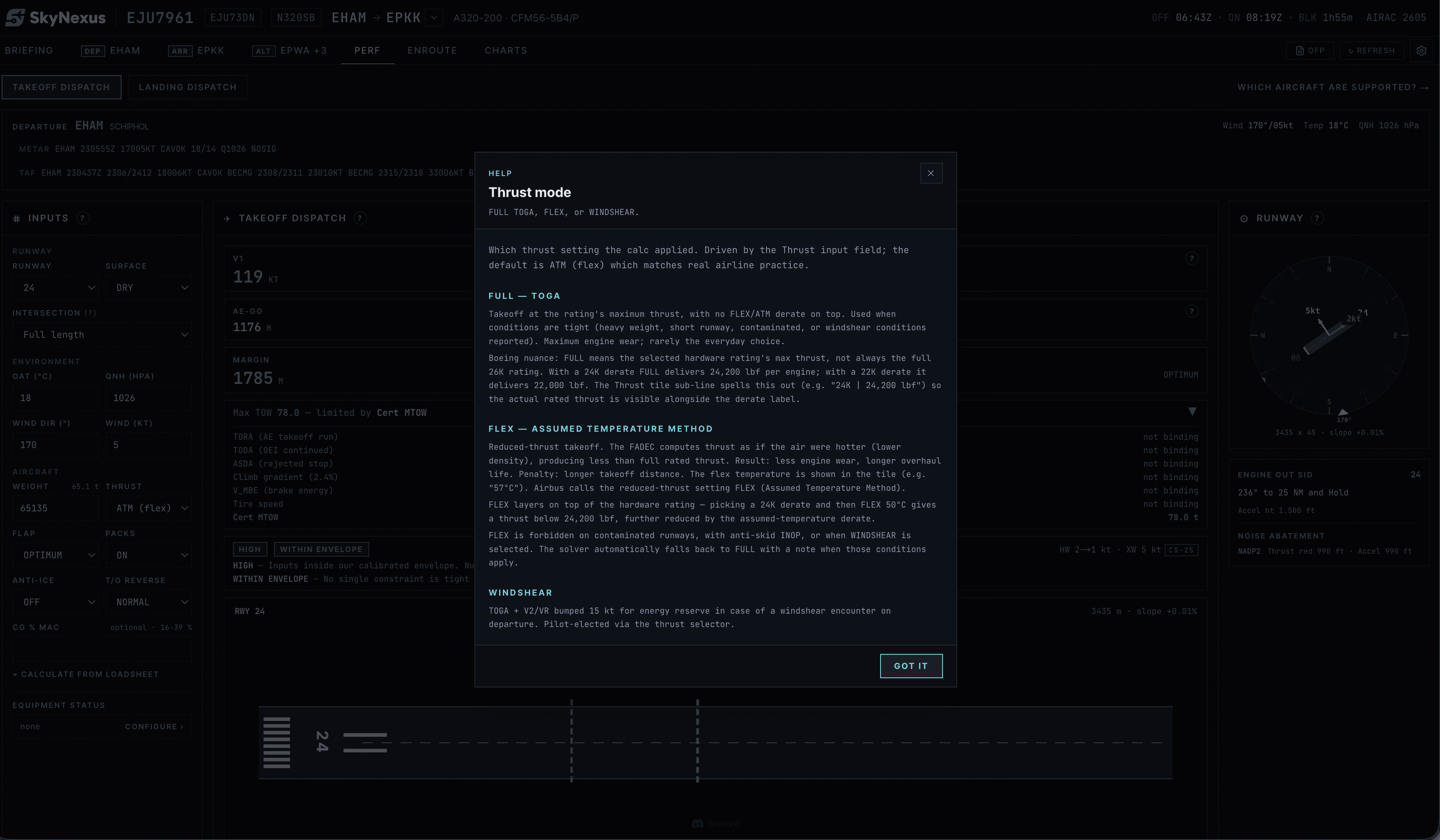 The SkyNexus A320 performance calculator with a help modal open, explaining the derivation of a single output number from its inputs